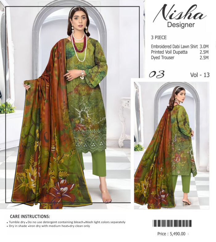 Nisha Designer  Lawn | Unstitched Collection 3 PIECES Party Wear| Summer 24 - Image 2